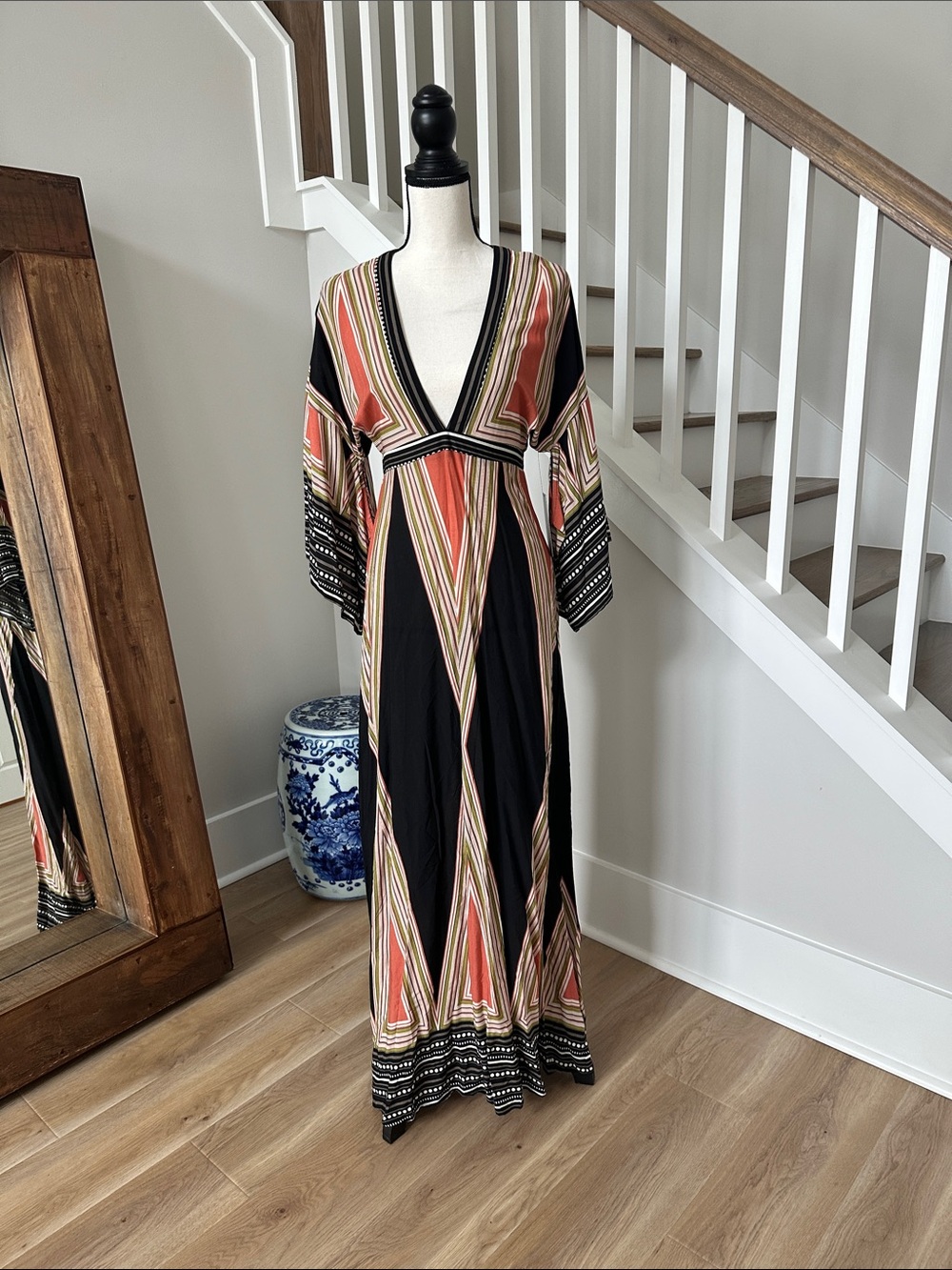 Lulu's Black Maxi Dress with Coral and Cream Stripe Accents